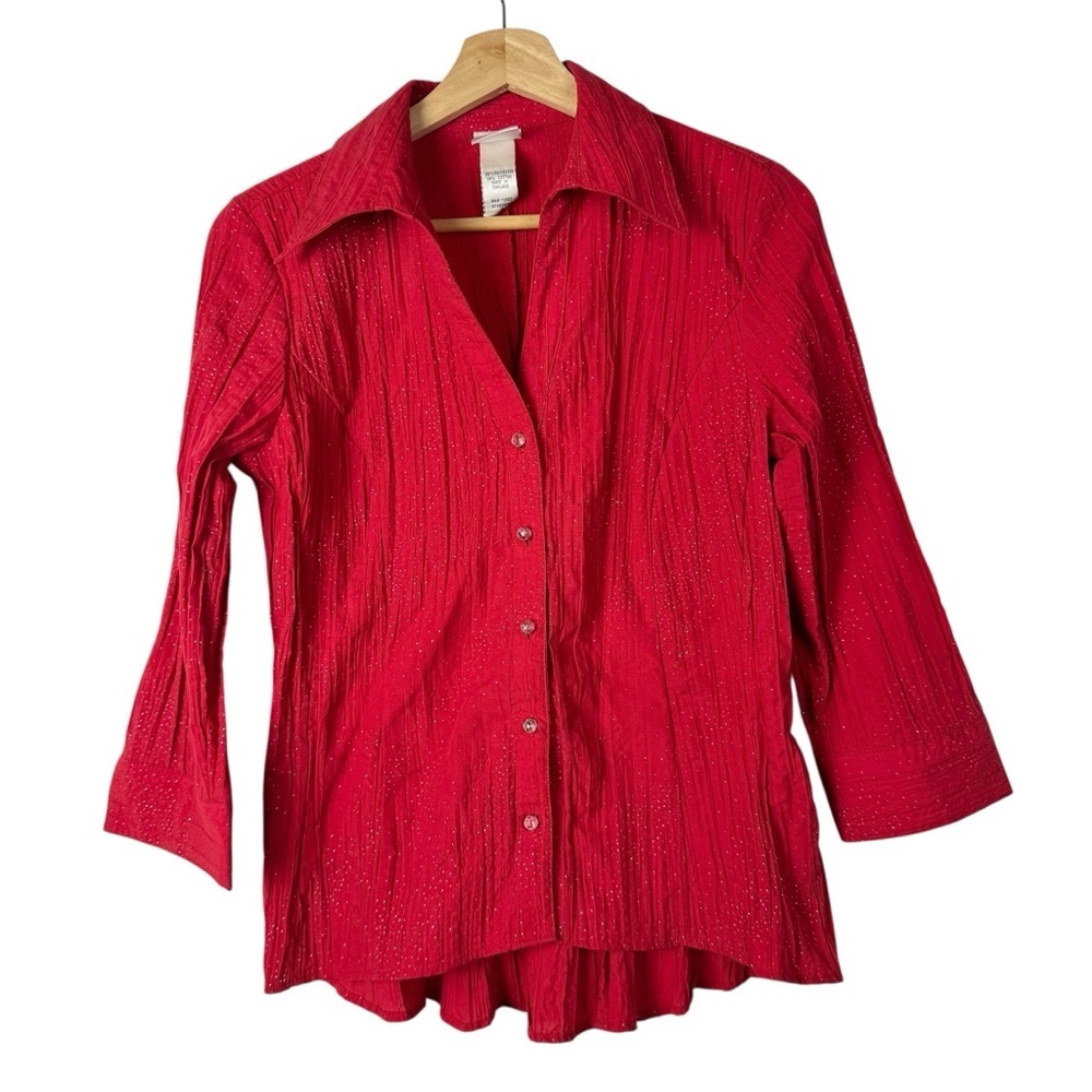 Vintage Y2K Butterfly Red Glitter Shimmer Long Sleeve Button Down S‎